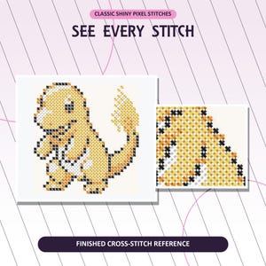 Op de afbeelding: Een kruissteekpatroonreferentie met een gepixelde gele hagedisachtige figuur met een vlamvormige staart. De afbeelding bevat de tekst CLASSIC SHINY PIXEL STITCHES, SEE EVERY STITCH en FINISHED CROSS-STITCH REFERENCE met een ingezoomde weergave.