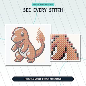 May include: A cross-stitch pattern featuring a pixelated orange creature with a flame-tipped tail. The image includes the text "CLASSIC PIXEL STITCHES", "SEE EVERY STITCH", and "FINISHED CROSS-STITCH REFERENCE" alongside a zoomed-in detail view.