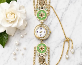 The Noorjahan - Green Enamel Pearl Watch