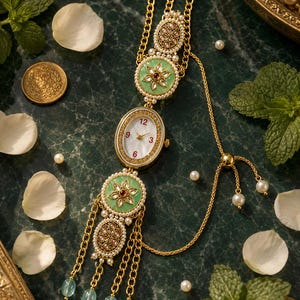 May include: An elaborate gold watch featuring a white face with gold hands. The watch is decorated with green and gold floral patterns, pearls, and hanging chains. The watch is surrounded by gold coins, white petals, and sprigs of mint.