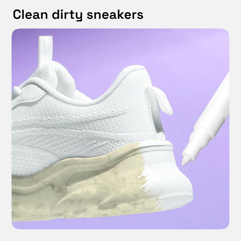 May include: A white sneaker with a mesh upper and a thick sole being painted with a white marker. The text 'Clean dirty sneakers' appears at the top. The marker is actively covering a discolored, stained section of the sole with fresh white paint.