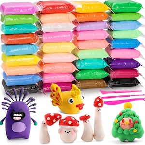 May include: A large collection of colorful modeling clay blocks in individual plastic wrappers, accompanied by three pink plastic sculpting tools and several clay figures including a purple monster, a yellow bird, mushrooms, and a green tree.