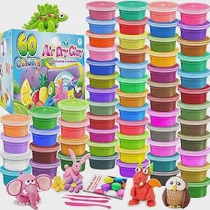May include: A set of 60 containers of air dry clay in various colors, including a box labeled 60 Colours Air Dry Clay, sculpting tools, and several small clay figures shaped like a green dinosaur, pink rabbit, pink elephant, red dragon, and owl.