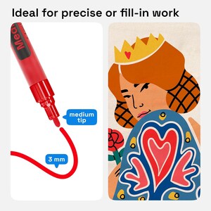May include: A red marker with a medium tip, creating a 3 mm wide line. The image also features an illustration of a woman wearing a crown and holding a rose, with a blue and red patterned garment.