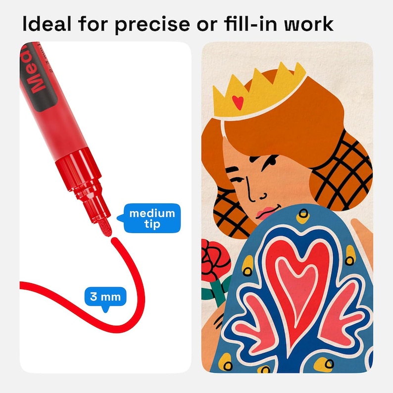 May include: A red marker with a medium tip, creating a 3 mm wide line. The image also features an illustration of a woman wearing a crown and holding a rose, with a blue and red patterned garment.