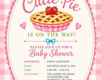 Paquete de invitaciones para baby shower "Sweetie Pie" / Tarta de fresa, cuadros rosas (descarga digital)