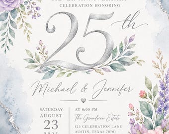 25th Silver Anniversary Invitation, Watercolor Floral Celebration (Digital Download)