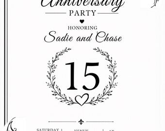 Invitación para el 15.º aniversario de bodas, invitación elegante en blanco y negro para fiesta (descarga digital)