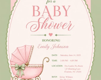 Invitación vintage para baby shower, niña con cochecito rosa y verde salvia (descarga digital)