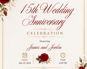 Wedding Anniversary Invitation Bundle | Red Rose Gold Digital Template (Instant Download)