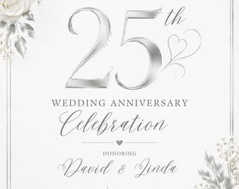 Plantilla de invitación para el 25.º aniversario de bodas, invitación para fiesta de aniversario de plata, imprimible y editable.