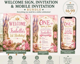 Once Upon a Time – 1st Birthday Invitation Bundle, Princess Fairytale Castle Unicorn Decor (Digital Download)