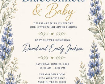 Paquete de invitaciones para baby shower con temática de lupinos azules / Plantilla de flores silvestres en acuarela (descarga digital)