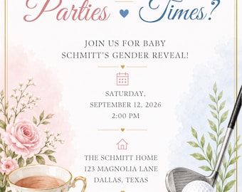 Paquete de invitaciones para fiestas de té o reuniones en la hora del partido para revelar el sexo del bebé (descarga digital)