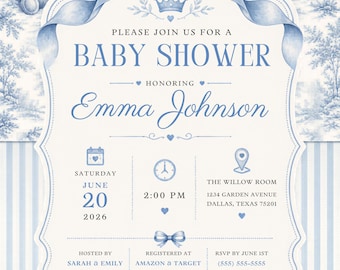 Paquete para baby shower con estampado toile azul, elegante conjunto de invitaciones para niño, decoración imprimible