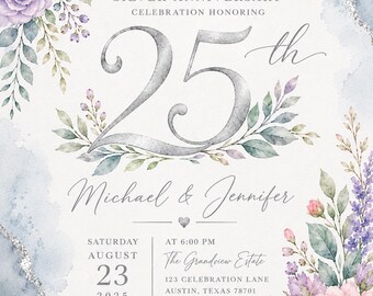 Silver Anniversary Invitation Template | Watercolor Floral Party Invite (Digital Download)