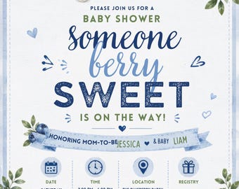 Blueberry babyshower uitnodiging, aquarel jongen uitnodigen (digitale download)