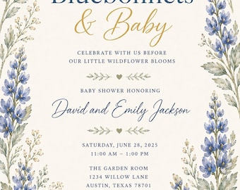 Invitación para baby shower con temática de lupinos azules / Paquete de acuarelas de flores silvestres de Texas (descarga digital)