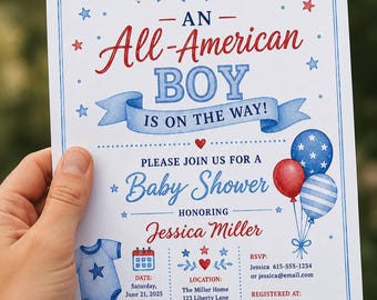 Invitación para baby shower de niño con temática estadounidense, colores patrióticos rojo, blanco y azul (descarga digital)