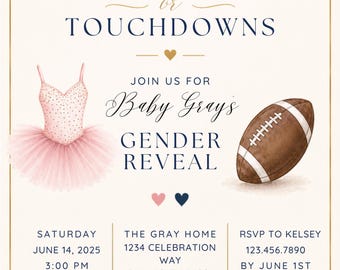 Invitación para fiesta de revelación de género con temática de ballet futbolístico: Tutús o Touchdowns (Descarga digital)