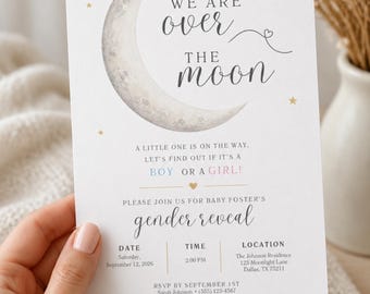 Paquete de invitaciones para revelar el sexo del bebé "Over the Moon" / Imprimible para baby shower "Celestial" (Descarga digital)