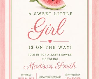 Paquete para baby shower con temática de sandía / Set de invitaciones para niña en acuarela rosa (descarga digital)