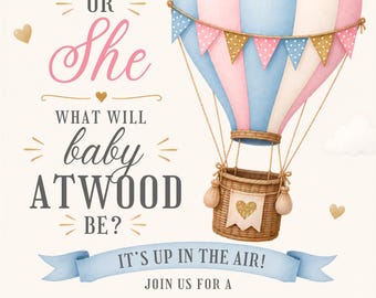 Hot Air Balloon Gender Reveal Invitation Bundle | Watercolor Baby Shower (Digital Download)