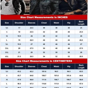 May include: Black leather jacket with a size chart in inches and centimeters. The chart provides measurements for shoulder, sleeves, chest, waist, hip, and back length for sizes XS to 4XL. The brand logo "La Familie" is at the top.