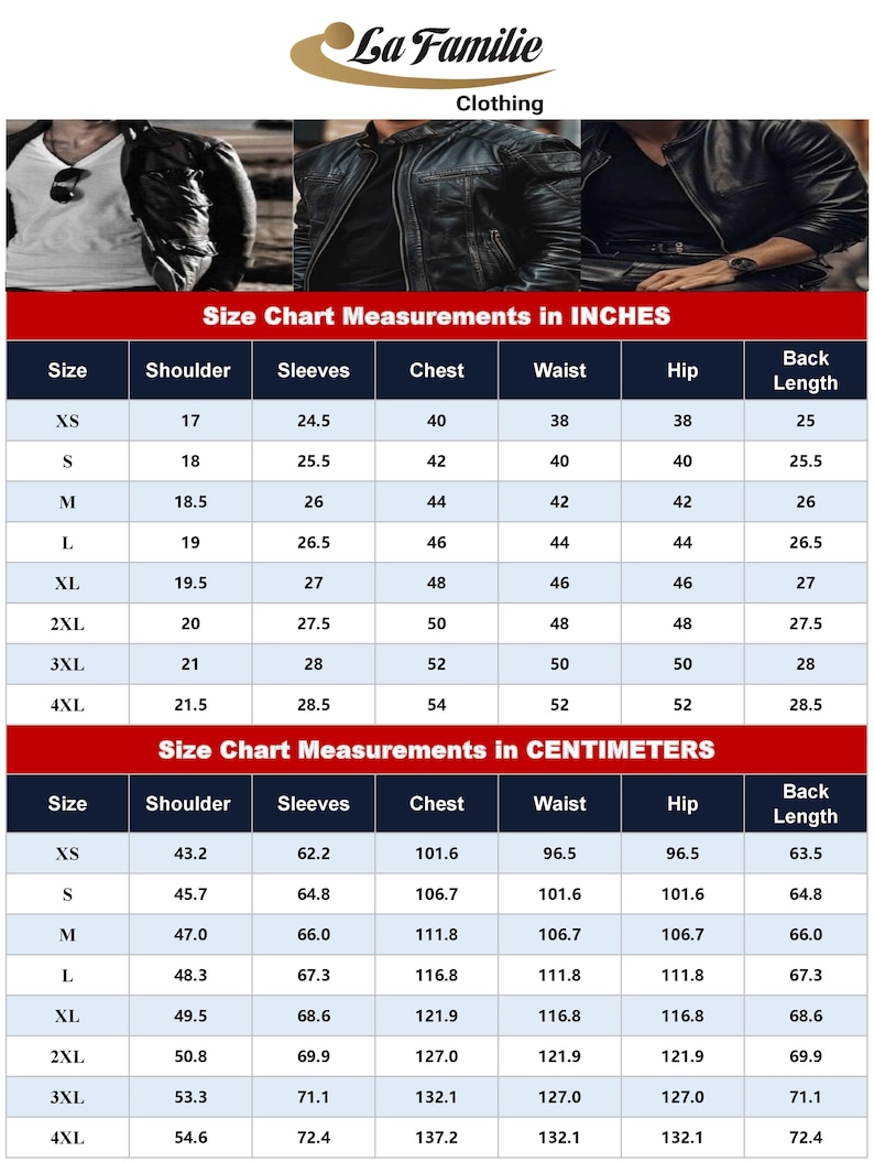 May include: Black leather jacket with a size chart in inches and centimeters. The chart provides measurements for shoulder, sleeves, chest, waist, hip, and back length for sizes XS to 4XL. The brand logo "La Familie" is at the top.