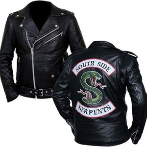 May include: A black leather motorcycle jacket featuring a silver-tone asymmetrical front zipper, lapels with snap buttons, and a waist belt. The back displays a large embroidered patch of a green snake with the text SOUTH SIDE SERPENTS.