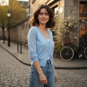 Può includere: Un cardigan azzurro con scollo a V e chiusura con bottoni. Il cardigan è abbinato a un top bianco e jeans blu. La foto è scattata all'aperto, in una strada acciottolata.