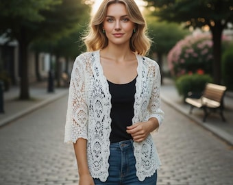 Cardigan/coprispalle in pizzo all'uncinetto taglia unica — Bolero in maglia floreale traforata stile boho, top corto a maniche a 3/4 con apertura frontale per donna