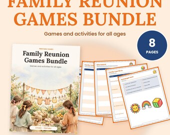 Ensemble de jeux pour réunions de famille : Qui est qui ?, Quiz familial, Chasse au trésor, Activité d'arbre généalogique (PDF imprimable)