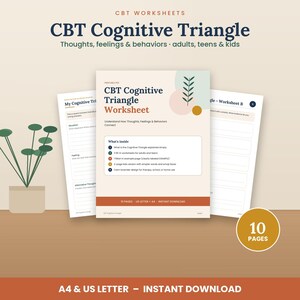 CBT Cognitive Triangle Worksheet Printable, Thoughts Feelings Behaviors, Therapy Worksheets for Adults Teens Kids, Coping Skills PDF