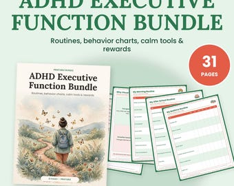 Ensemble d'outils pour les fonctions exécutives des enfants atteints de TDAH : emploi du temps visuel, tableau de comportement, outils de relaxation, système de récompenses, fiches d'exercices TDAH au format PDF A4 ou US Letter.