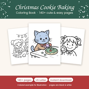 Może przedstawiać: Kolorowanka Christmas Cookie Baking zawierająca ponad 140 stron. Okładka przedstawia trzy ilustracje: dwie czarno-białe strony z dziećmi dekorującymi ciasteczka oraz jedną kolorową stronę z kotem dekorującym ciasteczko.