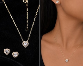 Herz Moissanite Schmuckset • S925 Sterling Silber • Vergoldet • Halskette & Ohrringe
