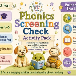 Könnte beinhalten: Ein Lernpaket für junge Leser im Alter von 5-6 Jahren mit dem Titel "Phonics Screening Check". Das Bild zeigt Zeichentrickfiguren und Text, der die Fähigkeiten der Phonetik beschreibt, wie z. B. das Mischen und Dekodieren.