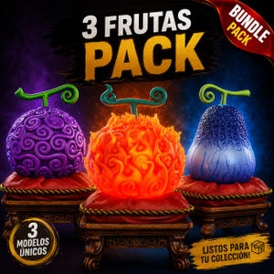 May include: An image promoting a bundle pack of three fruit models. Each fruit, in purple, orange, and blue, sits on a wooden stand with a red cushion. The text "3 FRUTAS PACK" is visible, along with Spanish text.