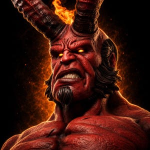May include: A detailed illustration of a red-skinned demon with large horns and glowing yellow eyes. The demon has a stern expression, a goatee, and flames above its head. The background is dark with orange and yellow sparks.