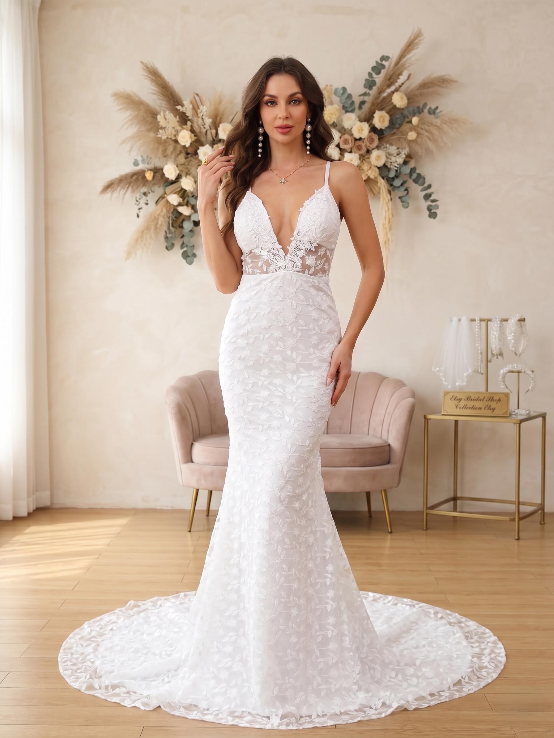 Mermaid Wedding Dress with Deep V-Neck and Open Back - Floor Length Bridal Gown for Modern Bride