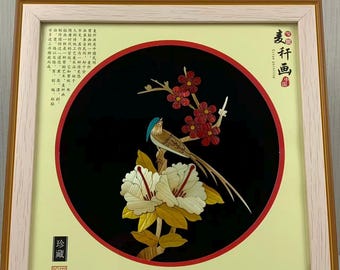Chinesische Strohmalerei, Handgemachtes Weizen Stroh Bild, Volkskunst Dekor, Terrakotta Kriegerin, Vogel und Blume, Chinesisches Kunst Geschenk