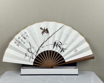 Chinese Sparrow Bamboo Fan, Handmade Ink Brush Art Fan, Zen Home Decor, Chinese Calligraphy Fan, Bamboo Fan Gift