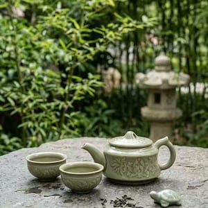Chinese Celadon Tea Set, Handmade Ceramic Teapot With 2 Cups, Chinese Ceramics, Unique Gift For Him, Tea Lover Gift