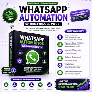 May include: A digital product box for a WhatsApp Automation Workflows Bundle featuring a green and white WhatsApp logo, purple accents, and text detailing automation features, webhook-based workflows, and instant digital download capabilities.