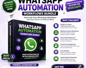 Może przedstawiać: Cyfrowe pudełko produktu z pakietem przepływów pracy automatyzacji WhatsApp, zawierające zielono-białe logo WhatsApp, fioletowe akcenty oraz tekst opisujący funkcje automatyzacji, przepływy oparte na webhookach i natychmiastowe pobieranie.