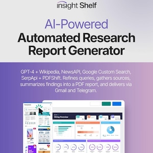 Könnte beinhalten: Werbung für Insight Shelf, einen KI-gestützten automatisierten Forschungsbericht-Generator. Das Bild zeigt ein Tablet mit Datenvisualisierungen und dem Text "Hiring Overview". Der Text erwähnt auch GPT-4, Wikipedia und Gmail.