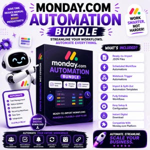 May include: A digital product advertisement for a Monday.com automation bundle featuring a white robot character, a black box with the Monday.com logo, and a list of included features like ready-to-import JSON files and workflow templates.