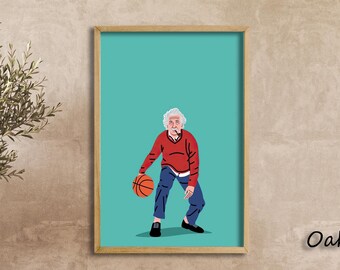 Albert Einstein Basketball Canvas Wall Art, Funny Scientist Poster Print, Minimalist Sports Illustration Decor, Nerdy Room Artwork Gift