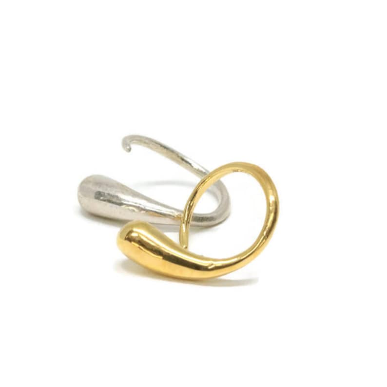 Small Silver Open Hoop Earrings Teardrop Hugger Earrings Artisan Handmade by Sheri Beryl Mismatch Earrings Silver and Gold Huggie Hoops